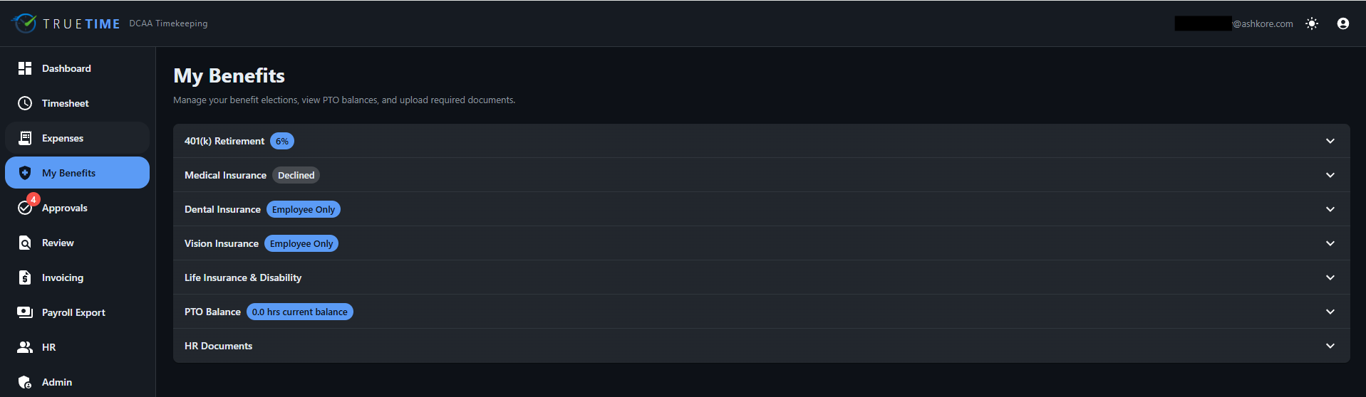 Screenshot of TrueTime benefits and dashboard interfaces showing HR and timekeeping features